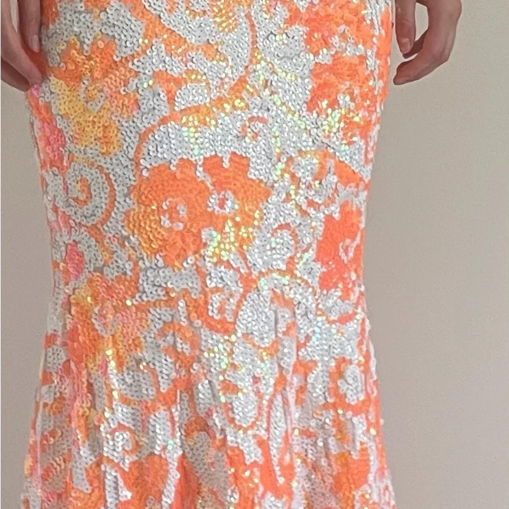 Jovani Coral & White Sequin Floral Prom Dress style 08257 - Picture 3 of 15